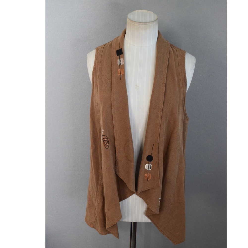 Tianello Vest Medium Brown Abstract Geometric Art To Wear Open Front Lagenlook